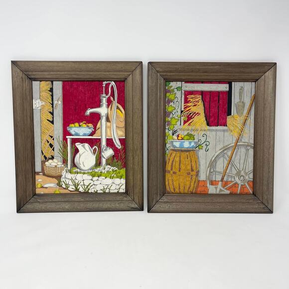 Vintage Framed Folk Art Red Yellow Farm Chores Printed Felt Painting Pair of Two
